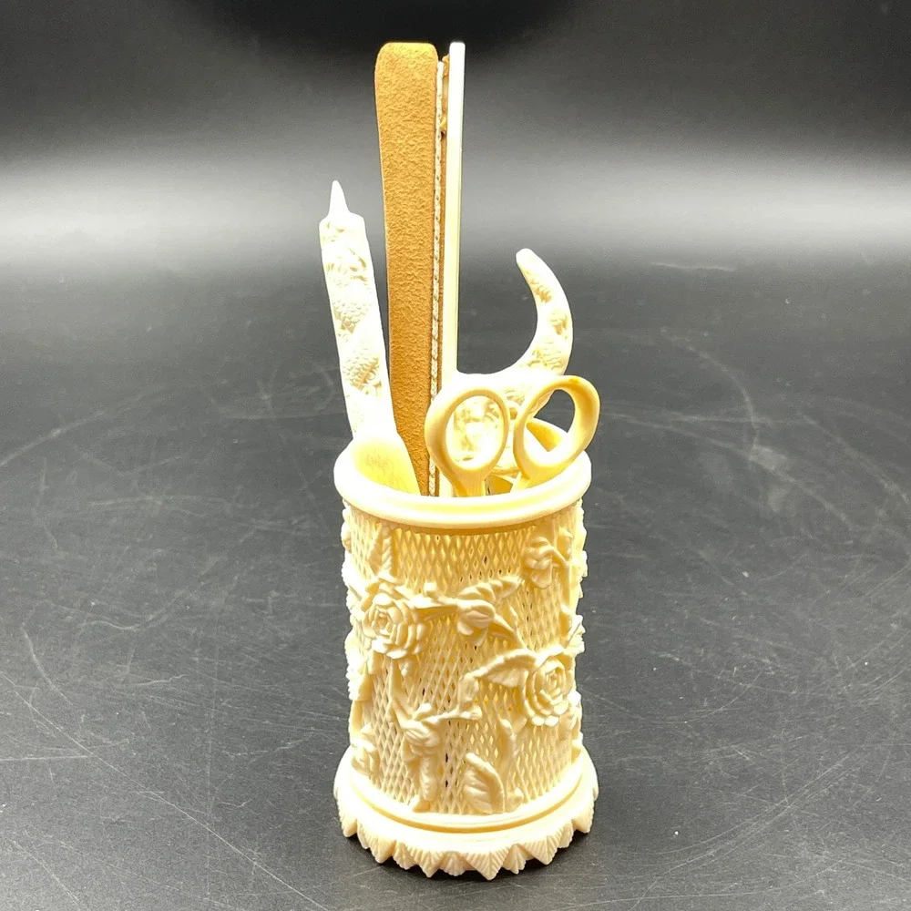 Vintage Faux Ivory Celluloid Manicure Set Dragon Floral Carved Germany Scissors